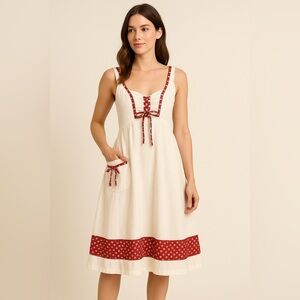 Vintage 1970s White Prairie Sundress Red Floral Trim Lace-Up Front Cottagecore